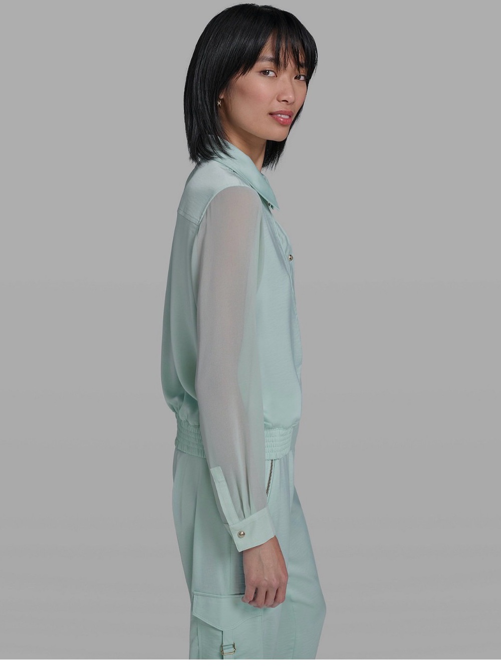 KARL LAGERFELD PARIS Mint Green Button-Front Blouse Jacket WORN ONCE - Picture 3 of 13
